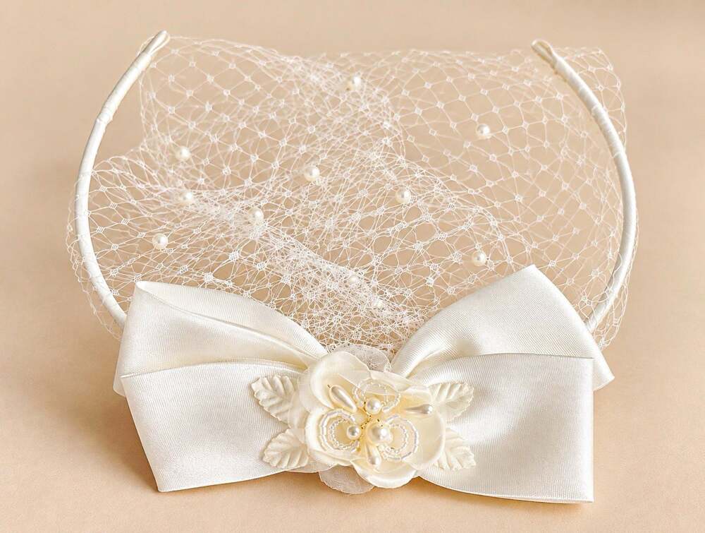 Ivory White Satin Fascinator Headpiece w/ Mesh Veil Bow Flower Pearls